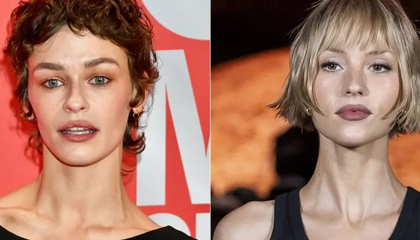 Dos mujeres con peinados cortos modernos: una con cabello castaño rizado y otra con cabello rubio bob.