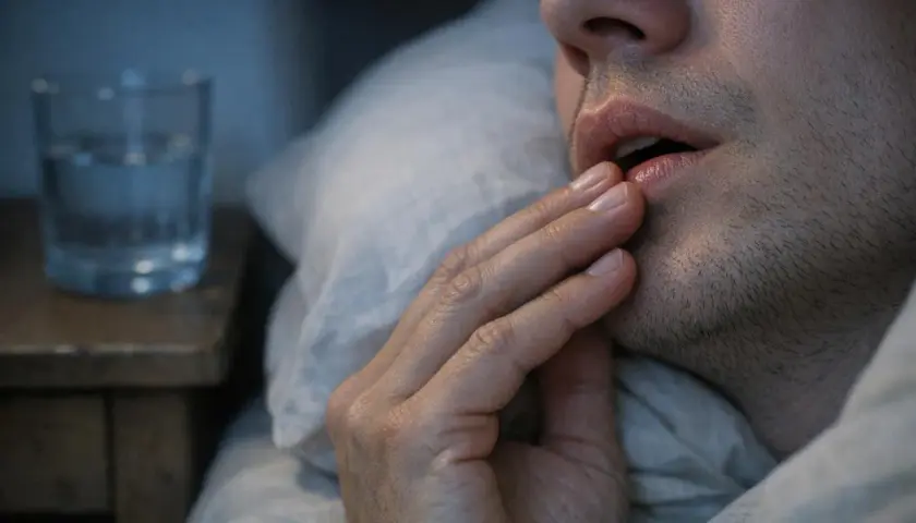 Uomo con mano sulle labbra, soffre di lingua secca di notte. Un bicchiere d'acqua sul comodino.