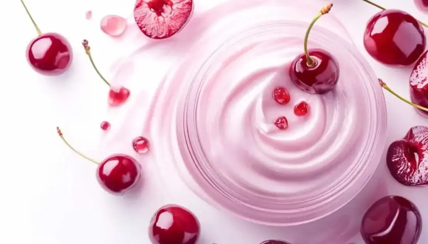 Crème onctueuse rose parsemée de cerises, évoquant le bienfait peau de ce fruit pour un soin éclatant.