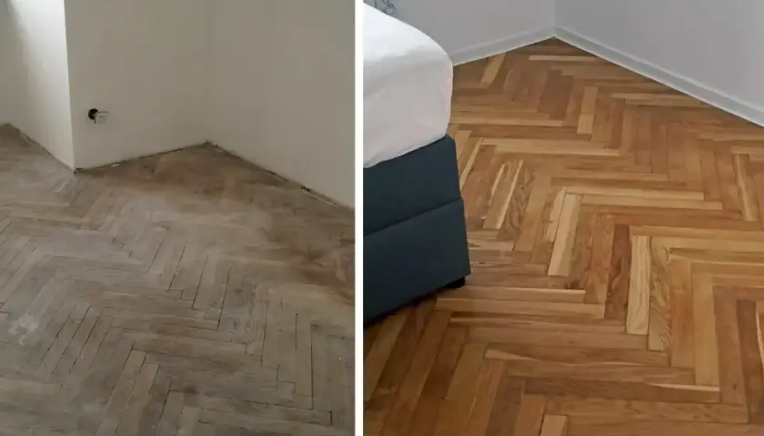 Przed i po cyklinowaniu parkietu. Zobacz, ile kosztuje cyklinowanie parkietu i jak odmienić wnętrze.