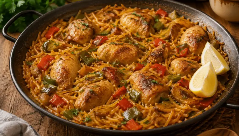 Fideuà de pollo con trozos de pimiento rojo y verde, servida en paellera con gajos de limón.