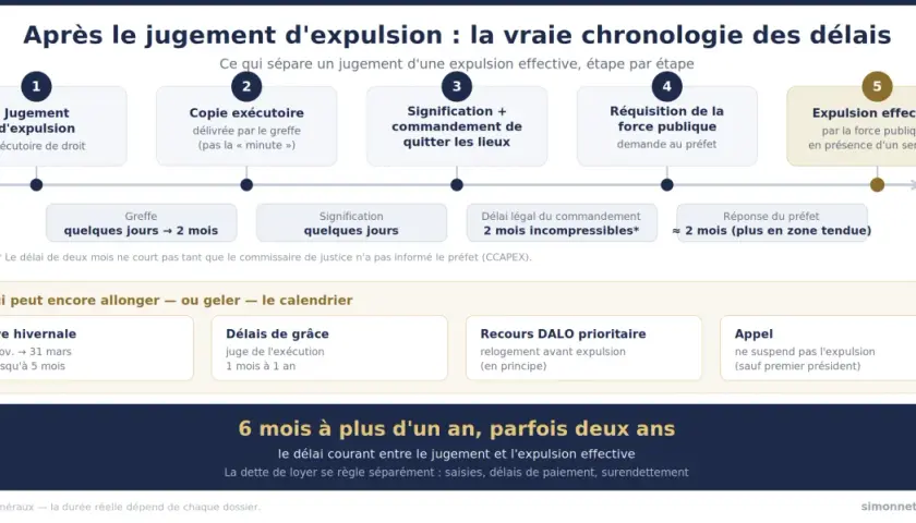 Chronologie des étapes d'une expulsion locataire : du jugement à l'expulsion effective, avec les délais et les recours possibles.