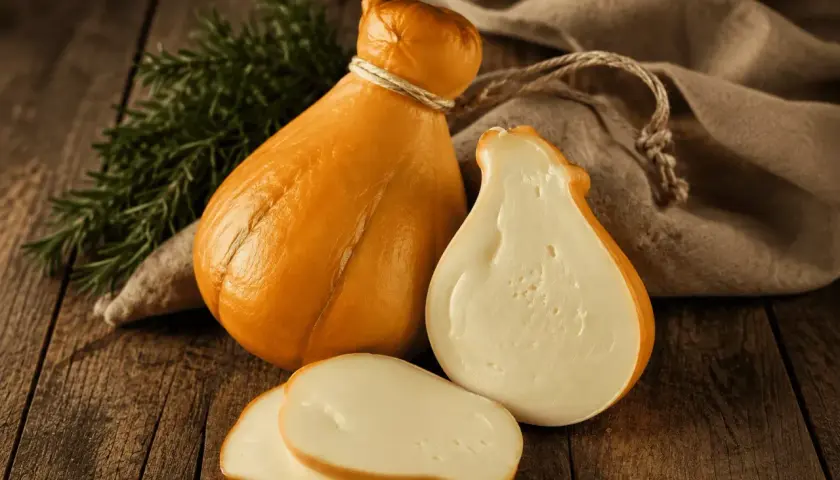 Queso scamorza ahumado, entero y cortado, con romero y tela rústica sobre madera.
