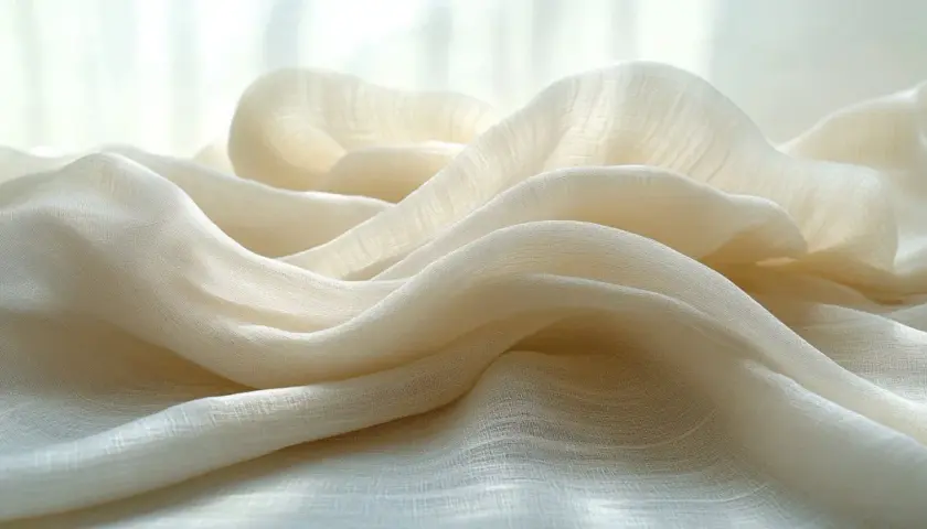 Drapé de tissu léger et aérien, un mélange viscose polyester, aux teintes crème et aux reflets doux.