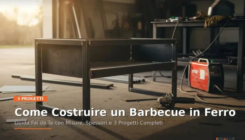 Un barbecue inox fait maison en cours de construction dans un atelier. Une meuleuse et un poste à souder sont visibles.