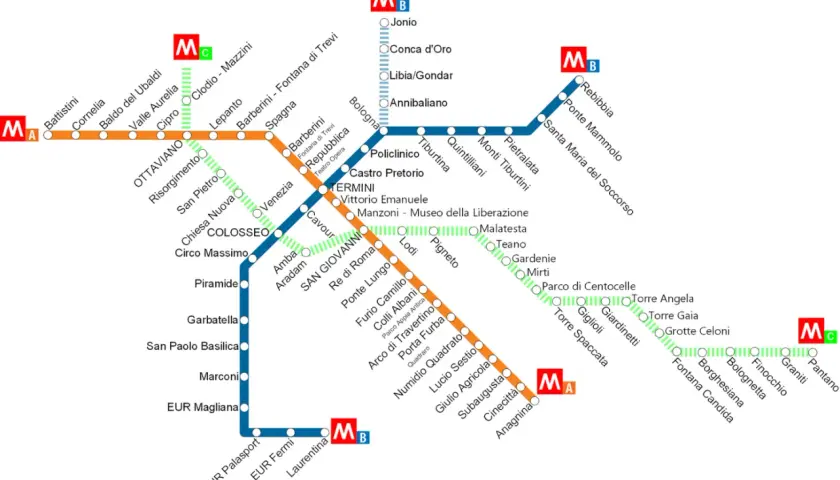 Mappa della metro di Roma, con le linee A, B e C. La linea C include la fermata Torre Maura.