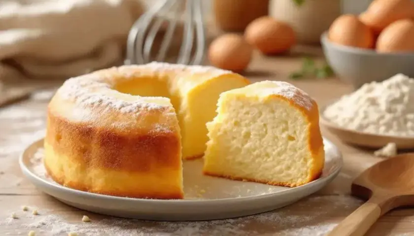 Un délicieux gâteau rapide, saupoudré de sucre glace, est prêt à être dégusté. Des œufs et de la farine sont visibles en arrière-plan.