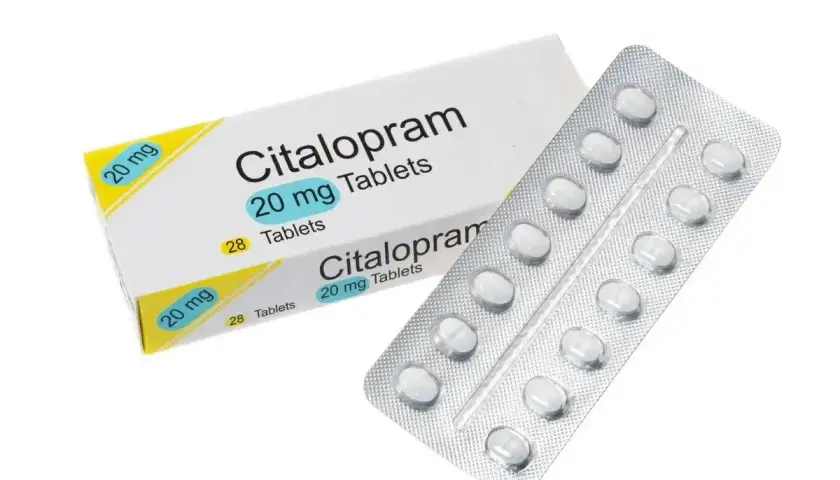 Opakowanie i blister tabletek Citalopram 20 mg, leku stosowanego w leczeniu depresji.