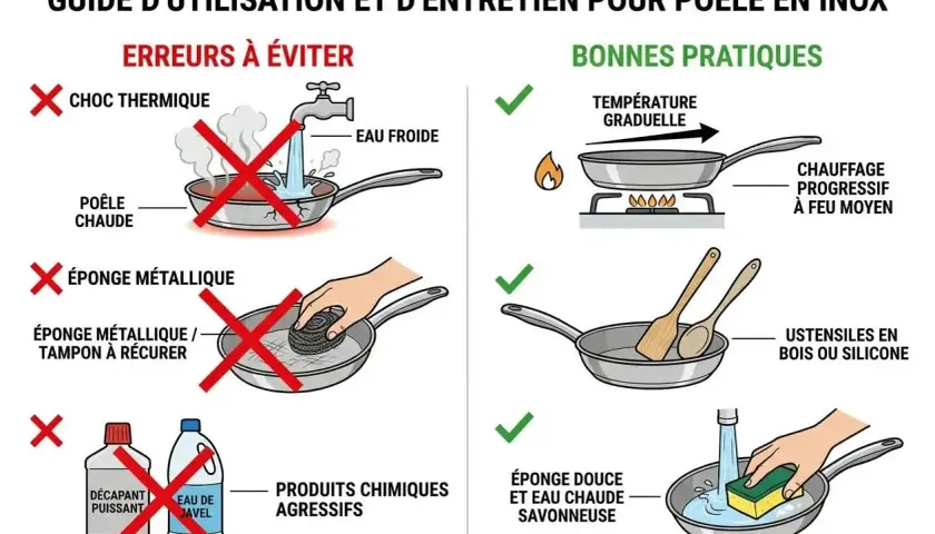 Guide pour faire briller inox : éviter chocs thermiques, éponges métalliques et produits agressifs. Privilégier chauffe progressive, ustensiles en bois/silicone et nettoyage doux.