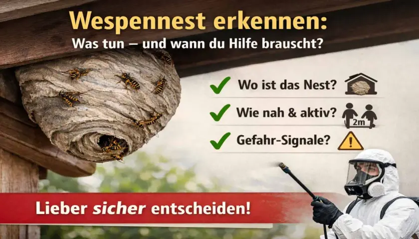 Ein Wespennest unter einem Dachvorsprung. Die Frage ist, wann verlassen Wespen ihr Nest und wann braucht man Hilfe.