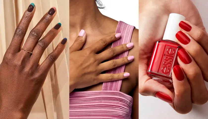Tre olika looks med essie gellack: mörka naglar med färgdetaljer, ljusrosa naglar och klassiskt rött med en flaska essie.