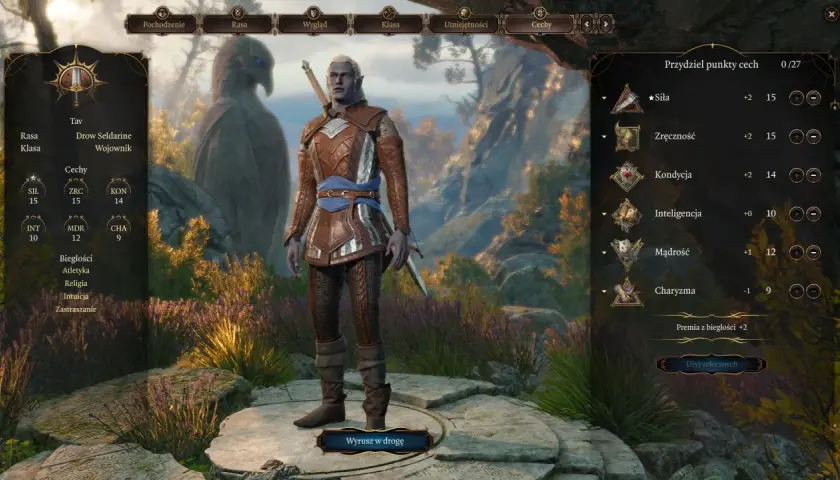 Postać z gry Baldur's Gate III, drow wojownik Tav, z widocznymi statystykami i ekwipunkiem.