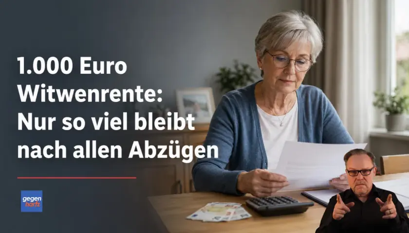 Eine Frau prüft Dokumente. Text: "1.000 Euro Witwenrente: Nur so viel bleibt nach allen Abzügen." Ein Mann im Vordergrund deutet. Witwenrente berechnen beispiel.