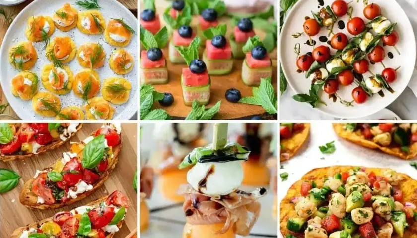 Kolorowe przekąski na grilla: mini tartinki z łososiem, arbuzowe szaszłyki, caprese, bruschetty, melon z mozzarellą i prosciutto, quesadillas z kurczakiem.