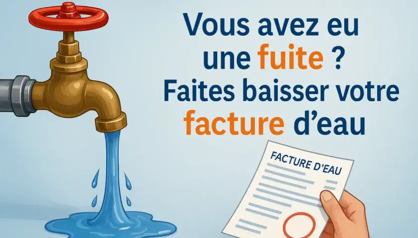 Robinet qui coule, symbolisant la surconsommation d'eau. Une facture d'eau est tenue par une main, suggérant une facture élevée due au gaspillage.