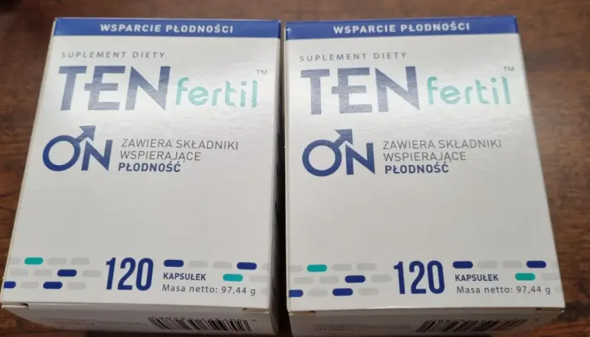 Dwie paczki suplementu diety TEN fertil, wspierającego płodność. Każde opakowanie zawiera 120 kapsułek.