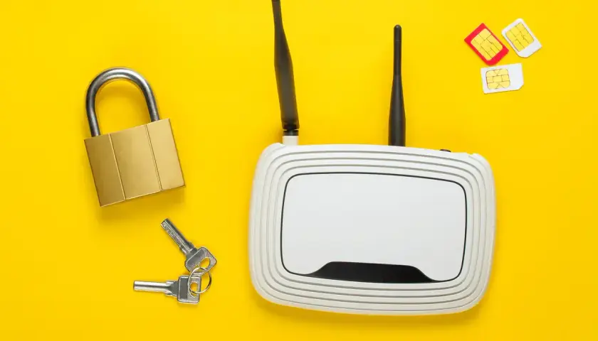 Router, kłódka, klucze i karty SIM symbolizują dostęp do sieci, w tym pasma LTE, oraz bezpieczeństwo połączenia.