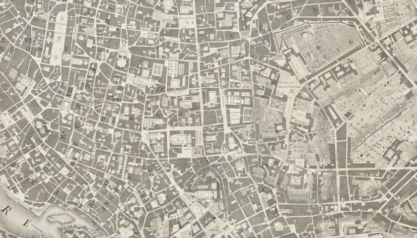 Stary plan zagospodarowania terenu z zaznaczonymi ulicami, placami i budynkami. Widać fragmenty Rzymu z epoki.
