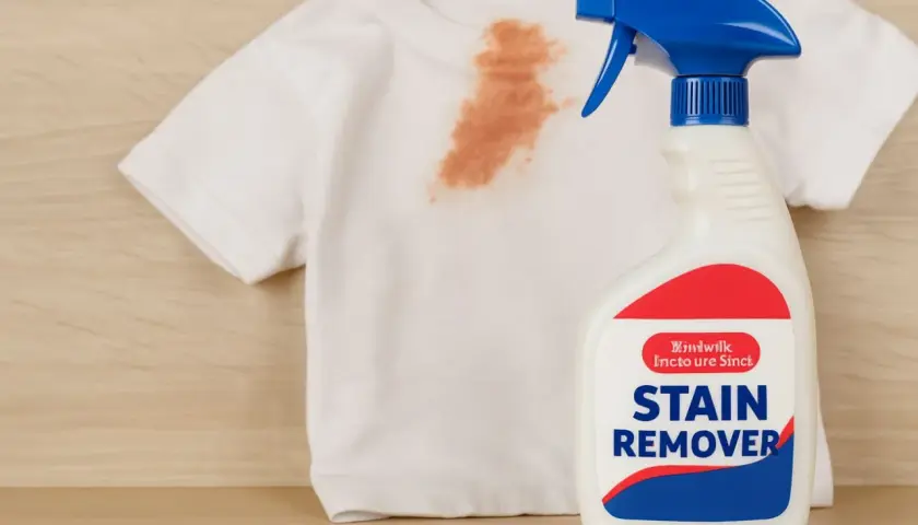 Biała koszulka z brązową plamą obok butelki z napisem "STAIN REMOVER". To najlepszy odplamiacz, który uratuje ubranie.