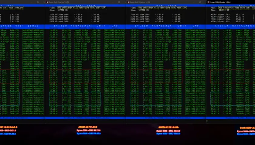 Ryzen SMU Checker zeigt verschiedene CPU-Modelle und deren SMU-Versionen an. Ein Fenster ist fast **out of memory**, die Daten sind aber noch lesbar.