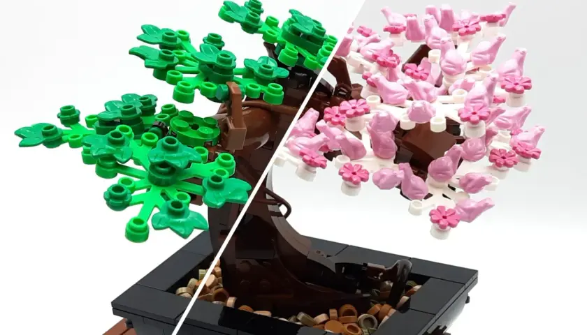 Zwei LEGO Bonsai Bäume, einer grün, einer rosa blühend. Die Anleitung für den LEGO Bonsai ist hier zu sehen.