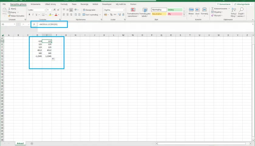 Wartość bezwzględna w Excelu: formuła =MODUŁ.LICZBY(D5) oblicza wartość bezwzględną liczby z komórki D5.