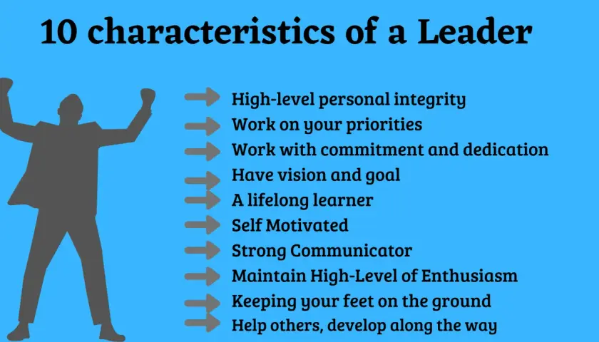 A silhouette of a triumphant person stands beside a list of 10 characteristics of a good leader, including integrity, vision, and communication.