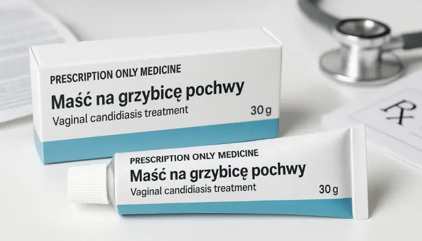 Maść na grzybicę pochwy, lek na receptę, w tubce i pudełku, obok stetoskopu i recepty.