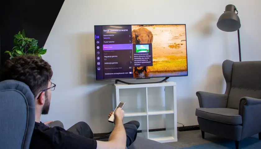 Mężczyzna w fotelu ogląda telewizor z menu ustawień, gdzie widać słonia. To moment, kiedy telewizor pobiera najwięcej prądu.