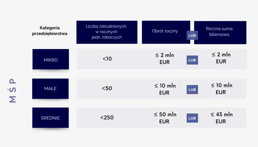 Sektor MŚP: kryteria dla mikro, małych i średnich firm. Określa liczbę zatrudnionych, obrót roczny lub sumę bilansową.