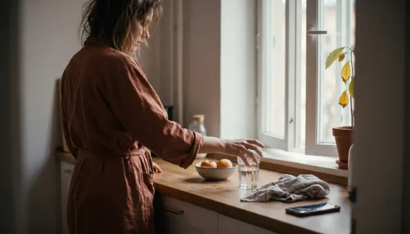 Donna in vestaglia prende un bicchiere d'acqua, con mele in una ciotola e un telefono sul bancone. I suoi sbalzi di umore sembrano riflettersi nella luce soffusa.