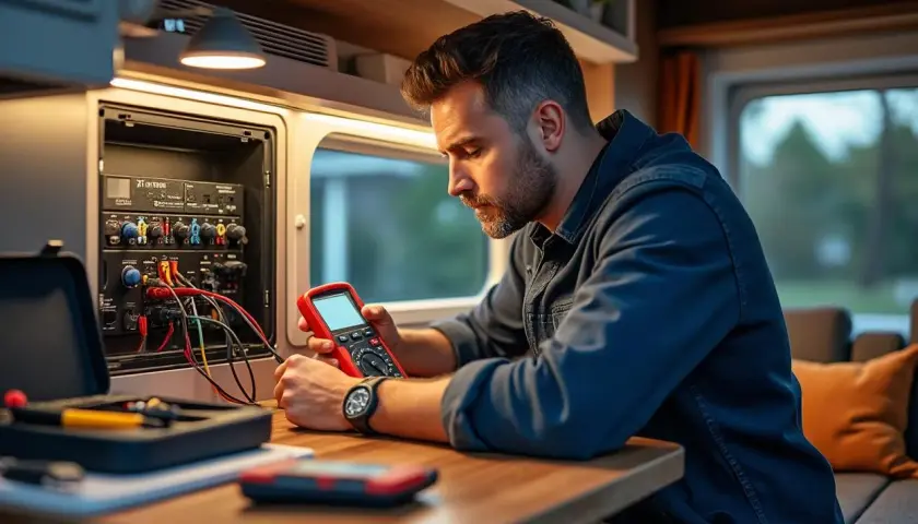 Un homme vérifie le panneau de contrôle camping-car Chausson avec un multimètre. Outils et câbles sont à portée de main.