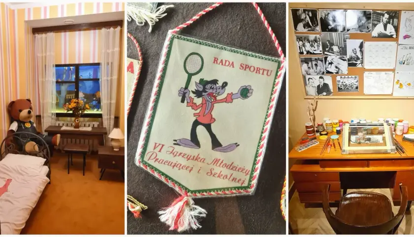 W muzeum bajek Rzeszów zobaczysz pokój z pluszowym misiem, baner sportowy z wilkiem i biurko artysty.