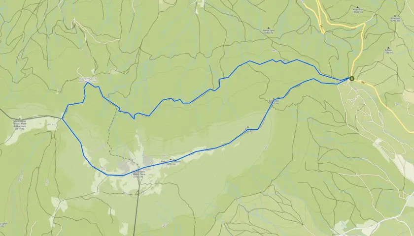 Mapa szlaku turystycznego przez polskie Karpaty, z zaznaczoną trasą od schroniska Markowe Szczawiny na Babią Górę.