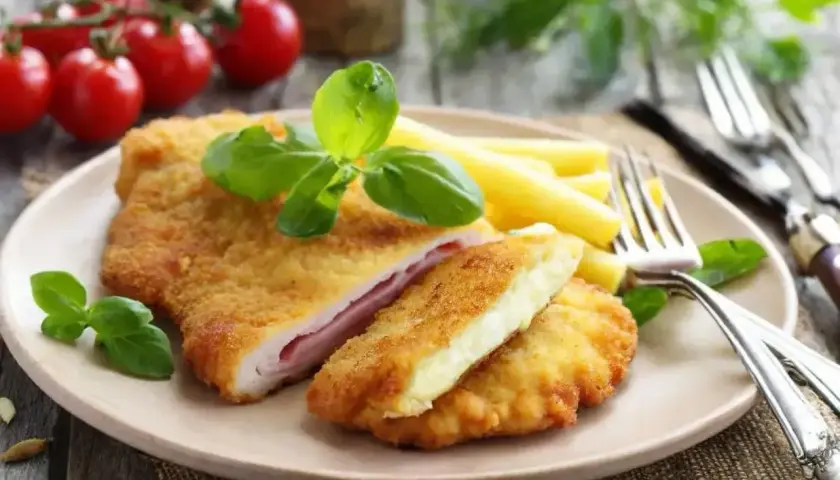 Schab po szwajcarsku z serem i szynką, panierowany, podany z makaronem i bazylią.