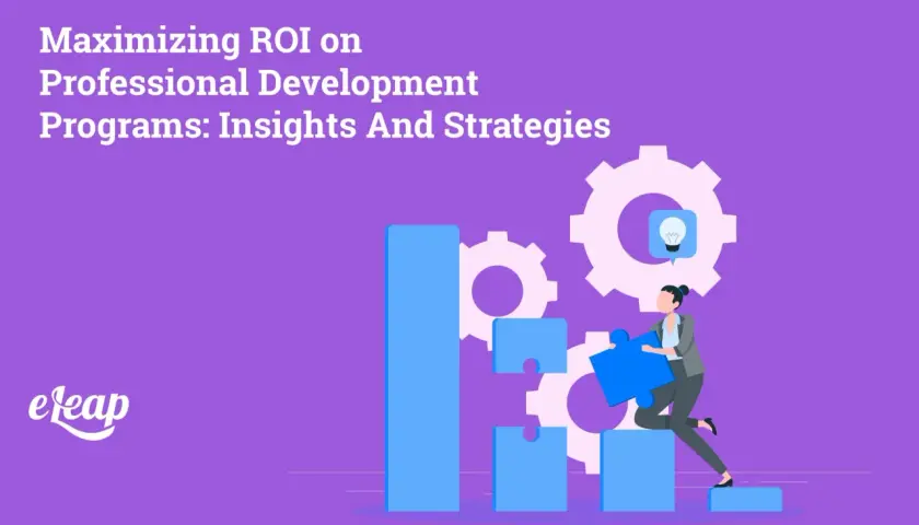 Maximizing ROI on professional development programs: A woman places a puzzle piece, symbolizing executive leadership development training, amidst gears and rising bars.