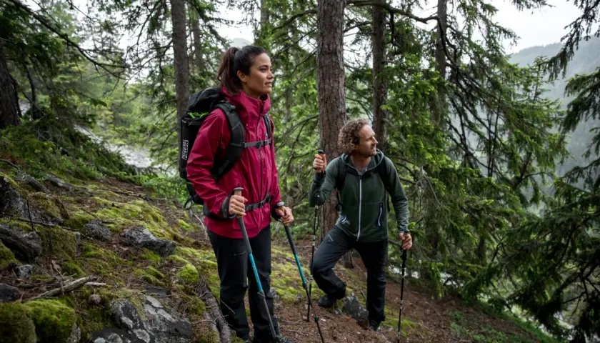 Zwei Wanderer mit Stöcken im Wald. Sie genießen die Natur, was auch Waldbaden ist.