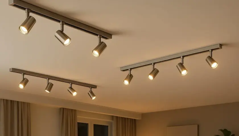 Modernos focos orientables techo en rieles metálicos, iluminando un espacio interior con luz cálida.