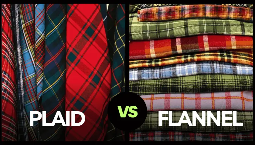 Plaid is a pattern, while flannel is a soft, woven fabric. This image shows a side-by-side comparison of plaid fabrics and stacked flannel shirts.