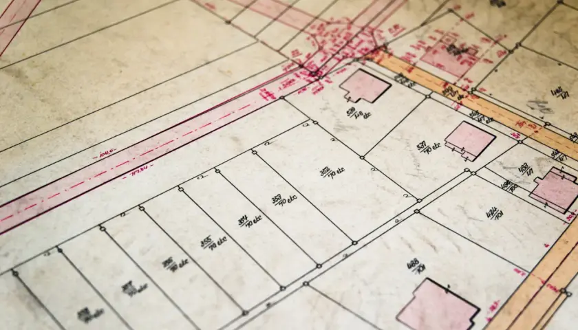 Stary plan geodezyjny z zaznaczonymi działkami i budynkami. Pomocny przy ustalaniu, jak sprawdzić kto jest właścicielem działki.