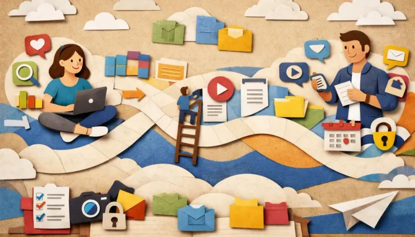 Illustrazione in carta ritagliata: persone che lavorano, icone digitali e concetti di problem solving esempi.
