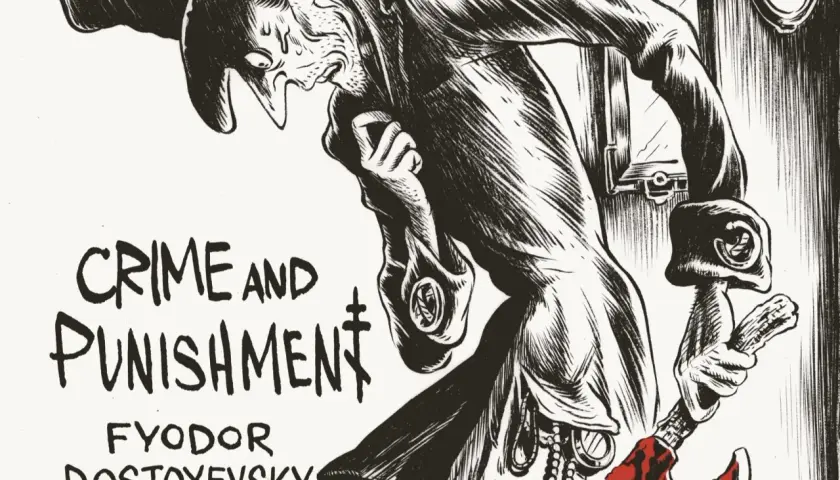 Mroczna ilustracja przedstawia Rodiona Raskolnikowa z siekierą, w tle napis "Zbrodnia i kara".