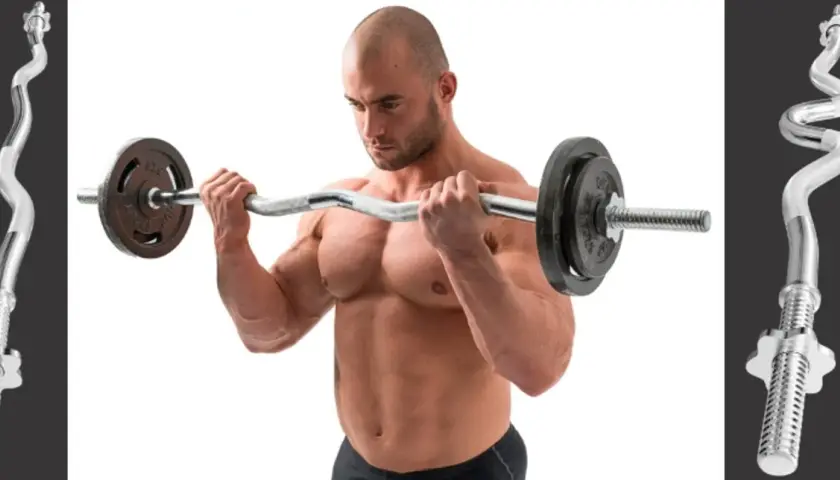 Mięśniowy mężczyzna ćwiczy z gryfem łamanym, budując biceps. Po bokach widoczne detale gryfu.
