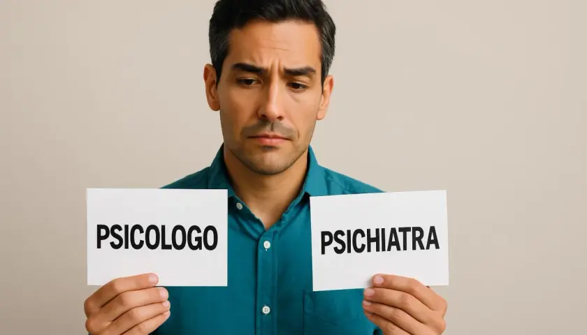 Uomo pensieroso con cartelli "Psicologo" e "Psichiatra", riflette sulla depressione e la psicoterapia.