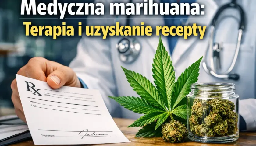 Lekarz podaje receptę na medyczną marihuanę, obok liść konopi i słoik z suszem.