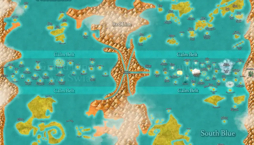 Mapa świata z One Piece, ukazująca cztery morza: North Blue, East Blue, South Blue i West Blue, oraz Grand Line z Red Line i Calm Belt. Wiele wysp i królestw, jak Wano czy Dressrosa, czeka na odkrycie.