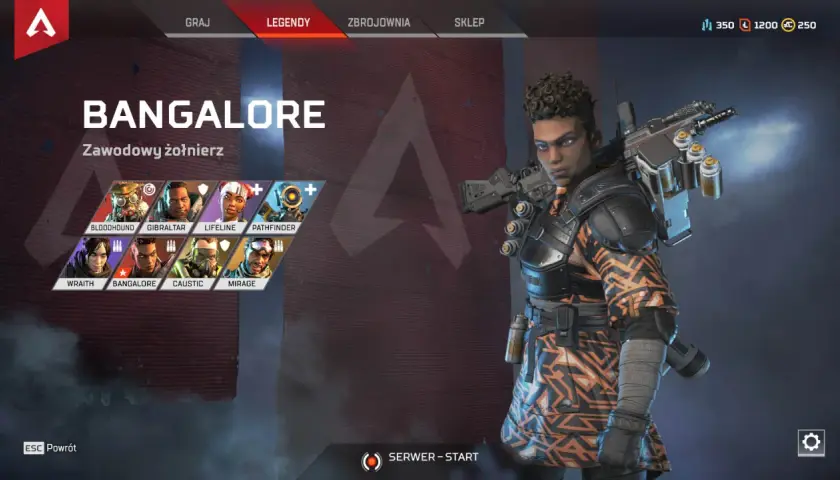 Wybór postaci w Apex Legends. Widoczna Bangalore, "Zawodowy żołnierz", obok innych legend: Wraith, Bloodhound, Gibraltar, Lifeline, Pathfinder, Caustic i Mirage.