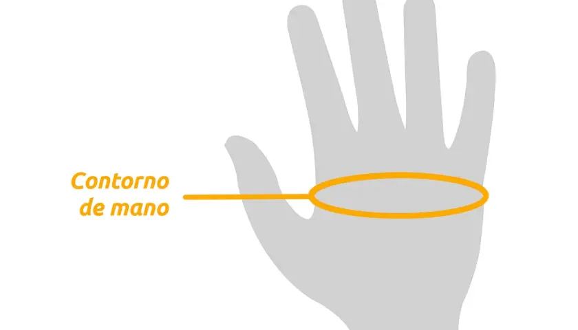 Ilustración de mano gris con línea naranja indicando el contorno de mano para determinar la talla L de guantes.