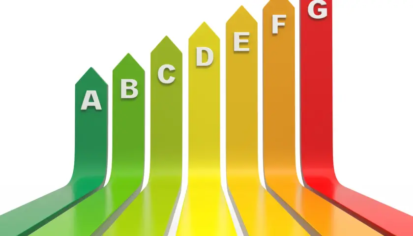Grafika przedstawia siedem kolorowych strzałek od zielonej (A) do czerwonej (G), symbolizujących klasę energetyczną. Klasa energetyczna E jest żółta.