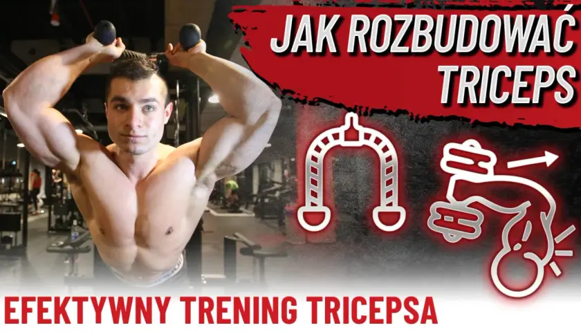 Mężczyzna wykonuje ćwiczenia na triceps z linkami wyciągu. Grafiki ilustrują trening tricepsa.